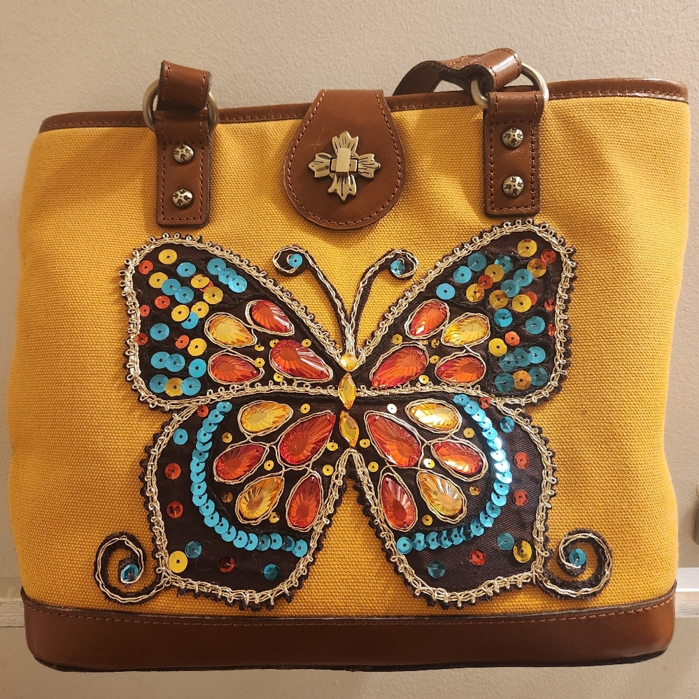 Patricia Nash Yellow Tote with Colorful Butterfly Design